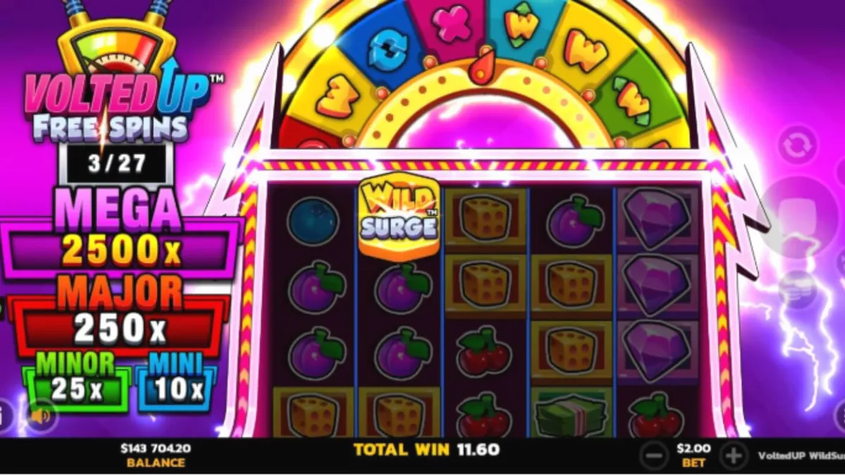 Tampilan layar permainan slot VoltedUP WildSurge dengan elemen neon dan simbol retro.